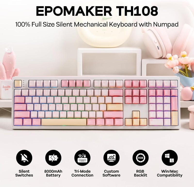 EPOMAKER TH108 Full Size Mechanical Keyboard, Wireless Gaming Keyboard with 8000mAh Battery, Creamy Gasket, 108 Keys, Hot Swap, Custom Driver, RGB Backlight (Pink, Sea Salt Silent) - Image 2
